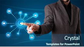  Presentation with virtual - Beautiful presentation design featuring social business - young businessman pressing virtual messaging backdrop and a ocean colored foreground