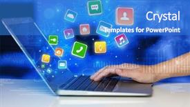  Presentation with global laptop - PPT theme featuring social capital - hand using laptop with bouncing background and a teal colored foreground