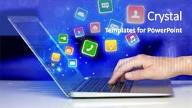  Presentation with global laptop - Presentation having social capital - hand using laptop with bouncing background and a cobalt blue colored foreground