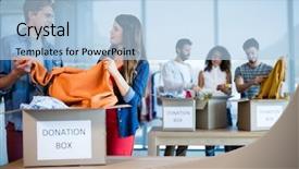  Presentation with creative - PPT theme featuring social cause - creative business team sorting clothes background and a light blue colored foreground