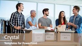  Presentation with donation food clothes - Cool new slides with social cause - happy creative business team sorting backdrop and a  colored foreground