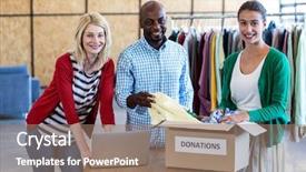  Presentation with donation - PPT theme having social cause - portrait of colleagues sorting clothes background and a coral colored foreground