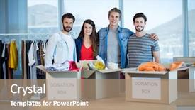  Presentation with cause - Cool new slide deck with social cause - smiling creative business team standing backdrop and a  colored foreground