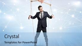  Presentation with financial - Theme featuring manage capacity - puppet businessman controlled by another background and a light blue colored foreground