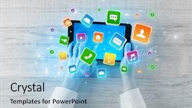  Presentation with bounce - Presentation theme having social development - hand using tablet with colourfull background and a light blue colored foreground
