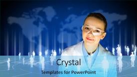  Presentation with communication skills - Presentation theme consisting of social diagnosis - image of young woman scientist background and a  colored foreground