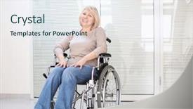  Presentation with wheelchair - Theme with social diagnosis - mature woman sitting in wheelchair background and a  colored foreground