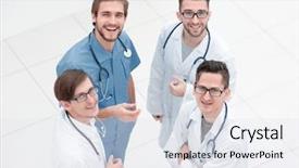  Presentation with diagnosis - PPT theme with social diagnosis - smiling group of doctors discussing background and a white colored foreground