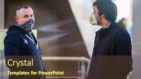  Presentation with social distancing - Colorful slide set enhanced with social-distancing-two-friends-talking backdrop and a tawny brown colored foreground