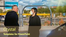  Presentation with parking lot - Slide set having social-distancing-two-friends-talking background and a tawny brown colored foreground