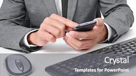  Presentation with smartphone - Colorful slide deck enhanced with social enterprise - young businessman using a smartphone backdrop and a gray colored foreground