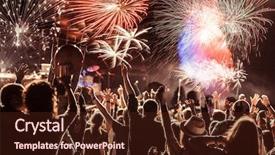  Presentation with fireworks - Theme featuring social gathering - cheering crowd watching fireworks background and a wine colored foreground