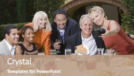  Presentation with group of 7 - Slide set with social gathering - group of multiethnic friends posing background and a coral colored foreground