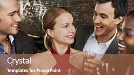  Presentation with group of happy couples - Cool new PPT theme with social gathering - two happy multiethnic couples backdrop and a coral colored foreground