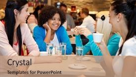  Presentation with college coffee shop - Beautiful PPT theme featuring social groups - four young woman college chatting backdrop and a coral colored foreground