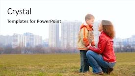  Presentation with look - Colorful PPT theme enhanced with social housing - mother and son look backdrop and a white colored foreground