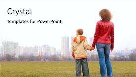  Presentation with stand - PPT theme consisting of social housing - mother and son stand outdoor background and a white colored foreground