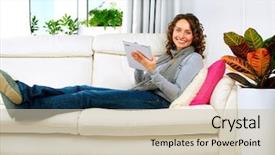  Presentation with housing - Slide deck having social housing - young woman with touchpad background and a  colored foreground