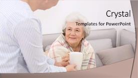  Presentation with tea cup - Slides having social ills - caregiver giving cup of tea background and a sky blue colored foreground