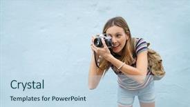  Presentation with vintage - PPT layouts consisting of social influence learning - smiling photography student with vintage background and a sky blue colored foreground