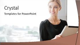  Presentation with worker - Presentation design featuring social intelligence - image of cheerful young woman background and a white colored foreground