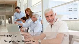  Presentation with issue - Cool new slides with social issue - senior man working on laptop backdrop and a coral colored foreground