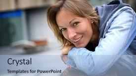  Presentation with jeans - Slides featuring social issue - smiling adult woman with blue background and a  colored foreground