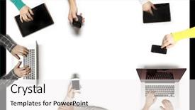  Presentation with addiction - Cool new PPT layouts with social media addiction - view above desk with peoples backdrop and a white colored foreground