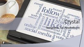  Presentation with knowledge sharing innovation social media - Slide set enhanced with social media concept - like share follow word cloud on a digital tablet with a cup of coffee background and a lemonade colored foreground