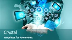  Presentation with media image - Beautiful PPT theme featuring social media globe - image of business person holding backdrop and a ocean colored foreground