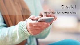  Presentation with hands holding - PPT theme enhanced with social media green - female hands holding a mobile background and a soft green colored foreground