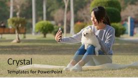  Presentation with selfie - Cool new PPT theme with social media green - woman taking selfie by mobile backdrop and a coral colored foreground
