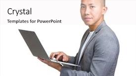  Presentation with computer - Theme consisting of social media management - businessman type laptop computer background and a white colored foreground