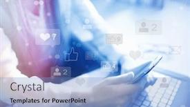  Presentation with social media network - PPT theme featuring social media network concept woman with computer and smartphone checking likes emails friends background and a light blue colored foreground