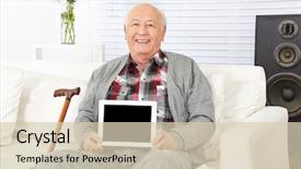  Presentation with black man - Colorful slide set enhanced with social media nursing - senior man holding tablet computer backdrop and a soft green colored foreground