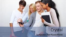  Presentation with students exchange and covid - PPT theme having social media studies - happy students looking at photos background and a teal colored foreground