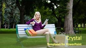  Presentation with using digital tablet - Slide deck enhanced with social media trees - shopping woman using digital tablet background and a tawny brown colored foreground