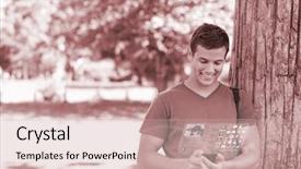  Presentation with digital - Colorful PPT theme enhanced with social media trees - smiling handsome student using his backdrop and a  colored foreground