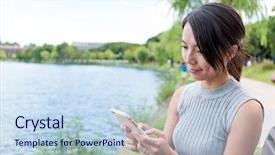  Presentation with mobil home park - Slide deck with social media trees - woman use of mobile phone background and a sky blue colored foreground