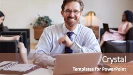  Presentation with desk - Theme having social network diary - businessman using laptop at desk background and a  colored foreground