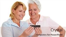  Presentation with smartphone - Slide deck with social networking service - happy senior woman looking background and a coral colored foreground