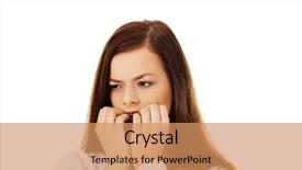  Presentation with nails - Presentation theme enhanced with social phobias - young stressed woman biting her background and a coral colored foreground