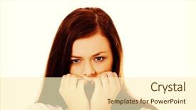  Presentation with nails - Presentation theme featuring social phobias - young stressed woman biting her background and a cream colored foreground