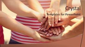  Presentation with united - PPT layouts featuring protection social - united hands close up background and a coral colored foreground