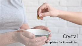  Presentation with poverty - Beautiful presentation design featuring social reform - female hand putting coin backdrop and a light gray colored foreground