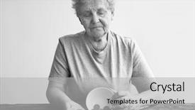  Presentation with poverty - Beautiful PPT theme featuring social reform - senior woman sitting at table backdrop and a light gray colored foreground