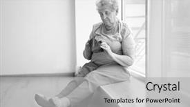  Presentation with poverty - Beautiful presentation design featuring social reform - senior woman sitting on window backdrop and a light gray colored foreground