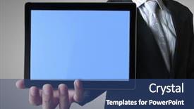  Presentation with social research - Colorful PPT theme enhanced with social research - hand holding a touchpad backdrop and a ocean colored foreground