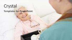  Presentation with audit nursing home - Audience pleasing PPT layouts consisting of old people house - happy senior woman getting breakfast backdrop and a sky blue colored foreground