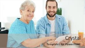  Presentation with old people help people - Audience pleasing presentation design consisting of help old people - young caregiver teaching senior woman backdrop and a coral colored foreground